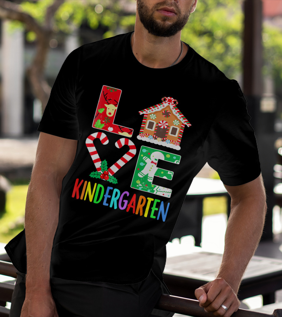 LOVE Kindergarten Christmas Reindeer Gingerbread Candy Cane T-Shirt