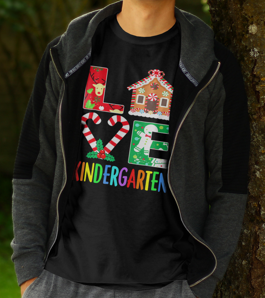 LOVE Kindergarten Christmas Reindeer Gingerbread Candy Cane T-Shirt