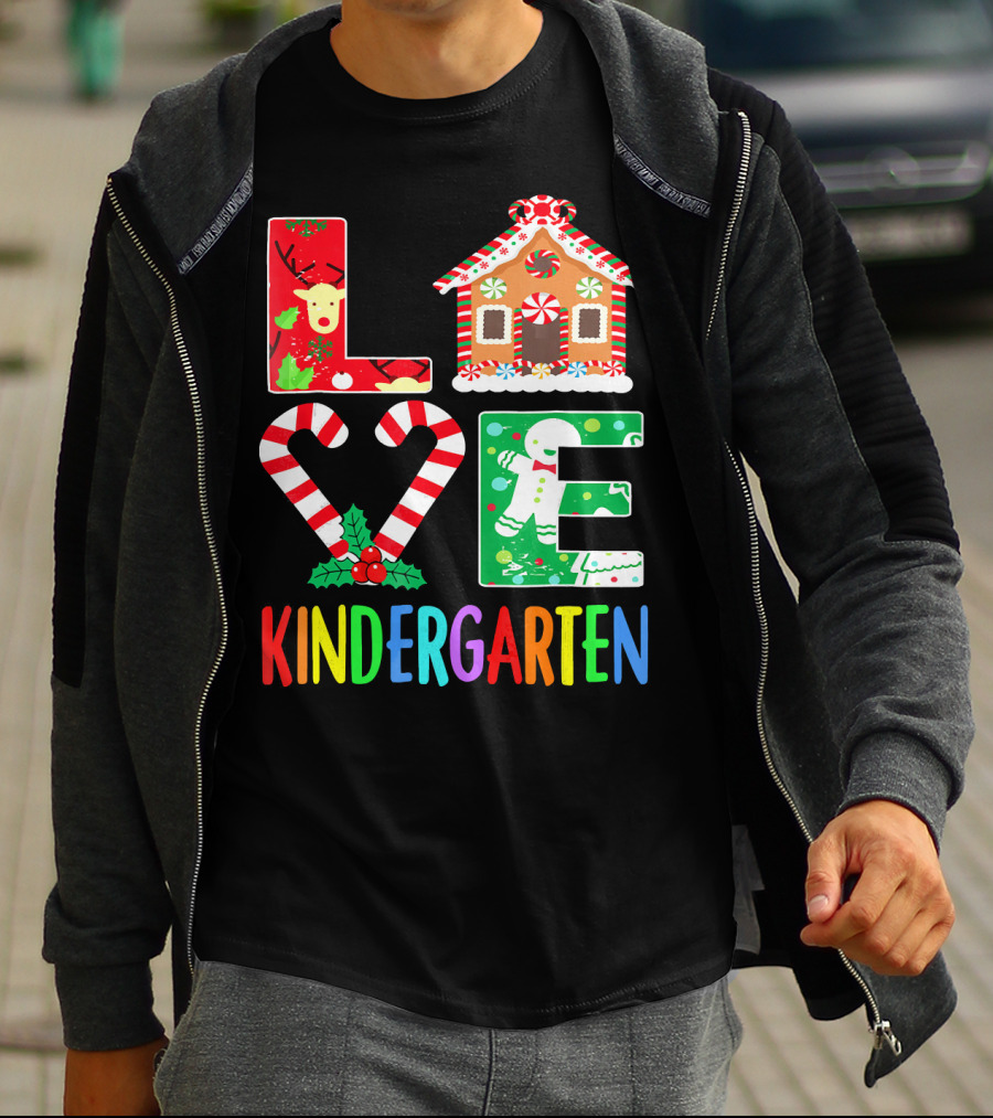 LOVE Kindergarten Christmas Reindeer Gingerbread Candy Cane T-Shirt