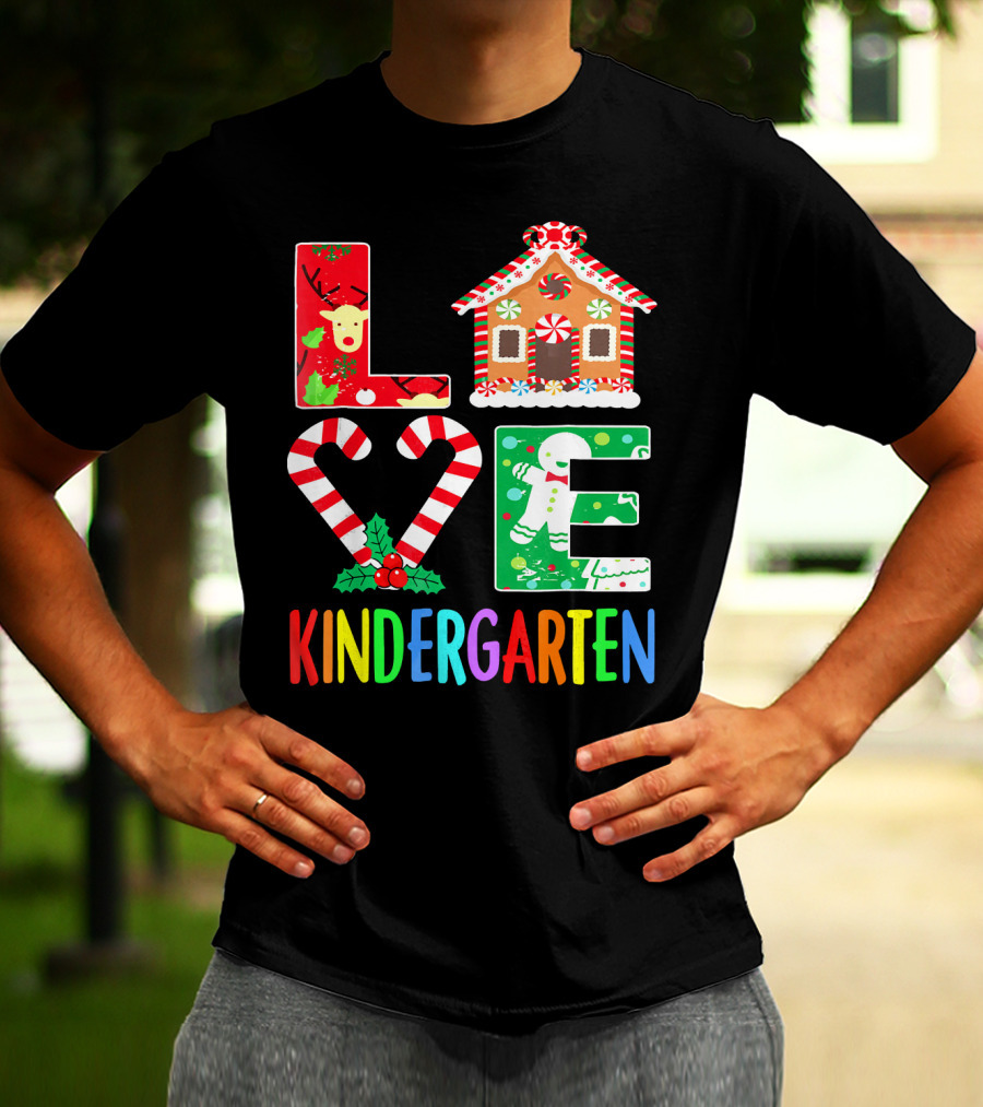 LOVE Kindergarten Christmas Reindeer Gingerbread Candy Cane T-Shirt