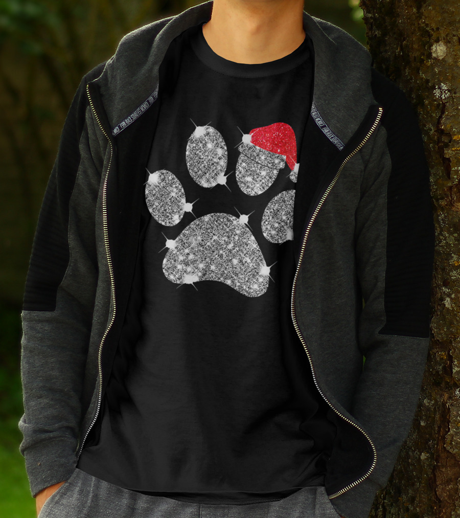 Merry Christmas Paw Santa Hat Sparkle T-Shirt
