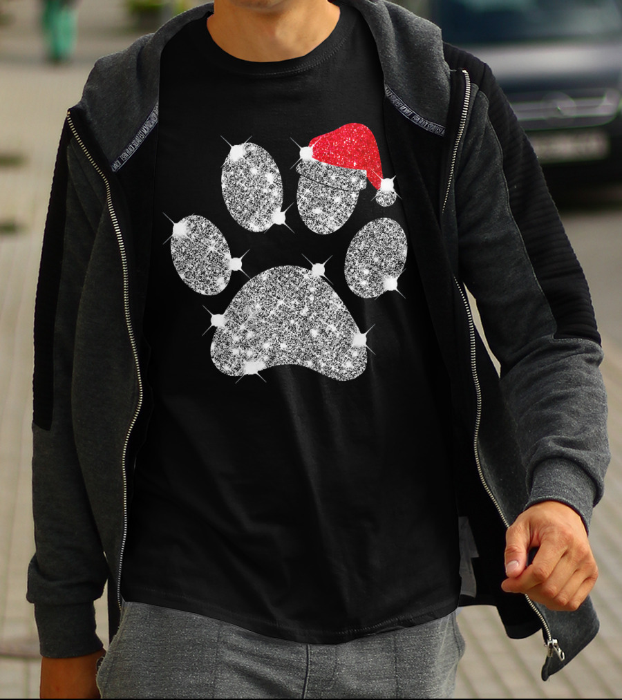 Merry Christmas Paw Santa Hat Sparkle T-Shirt