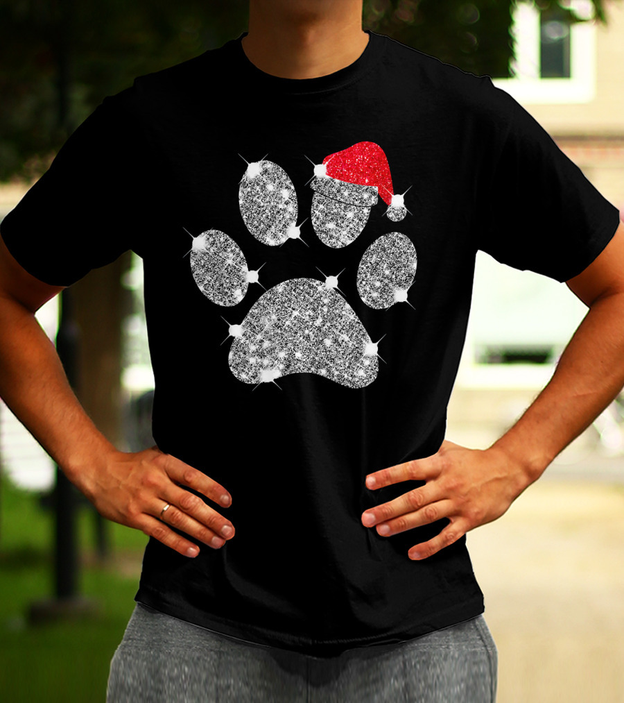 Merry Christmas Paw Santa Hat Sparkle T-Shirt