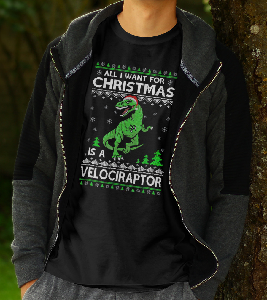 Funny Velociraptor Dinosaur Christmas All I Want Is A Velociraptor T-Shirt
