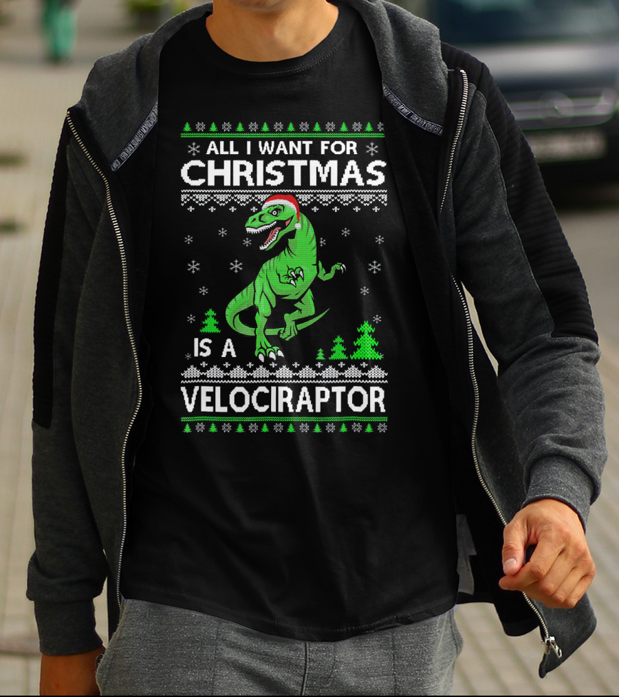 Funny Velociraptor Dinosaur Christmas All I Want Is A Velociraptor T-Shirt