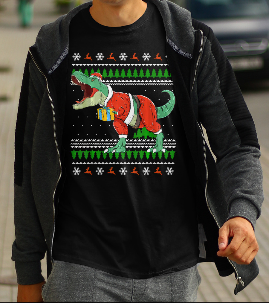 Funny TRex Dino Christmas Santa Holding Gift In Ugly T-Shirt