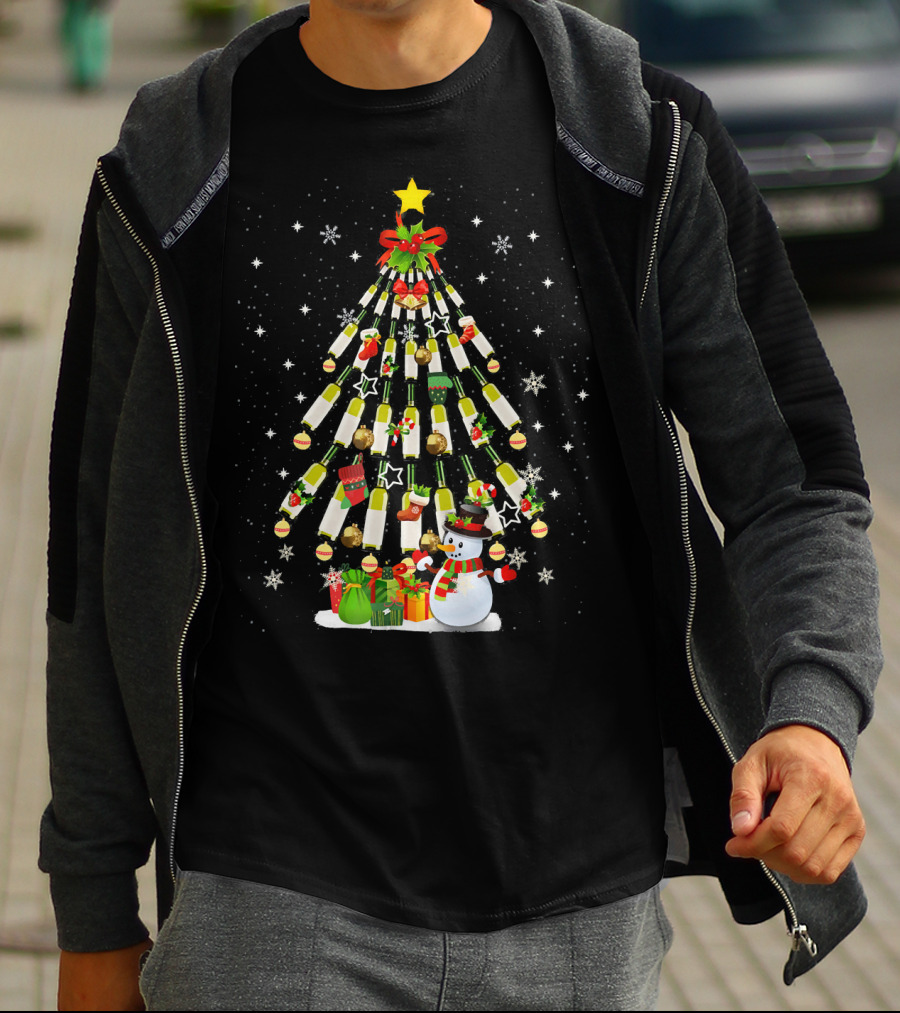 Christmas Wine Bottle Tree With Snowman And Gifts T-Shirt