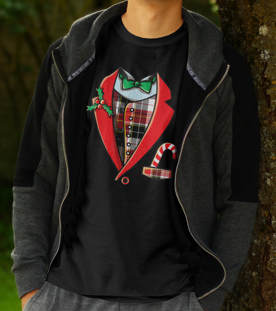 Christmas Tuxedo Plaid Suit Jacket With Green Bow Tie And Candy Cane T-Shirt