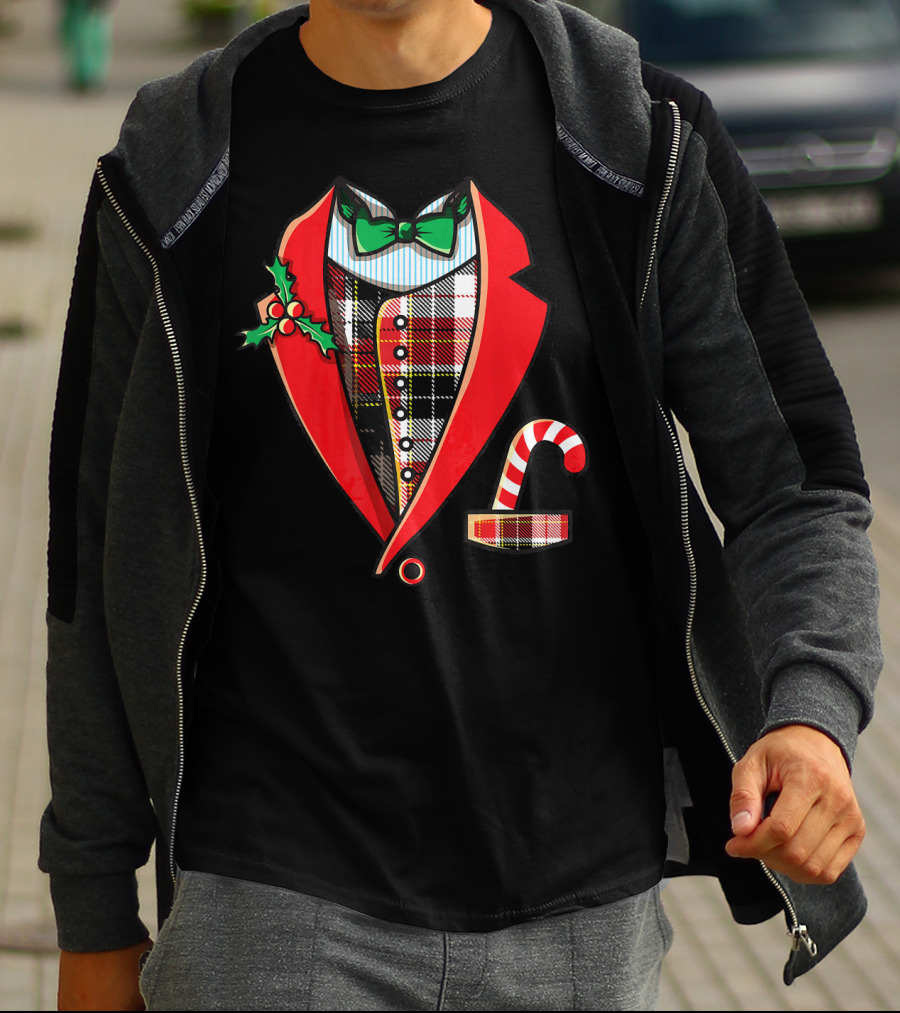 Christmas Tuxedo Plaid Suit Jacket With Green Bow Tie And Candy Cane T-Shirt