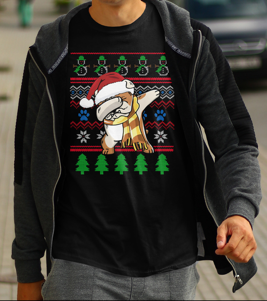 Bulldog Dabbing UglyStyle Santa Hat Christmas Trees Snowmen T-Shirt
