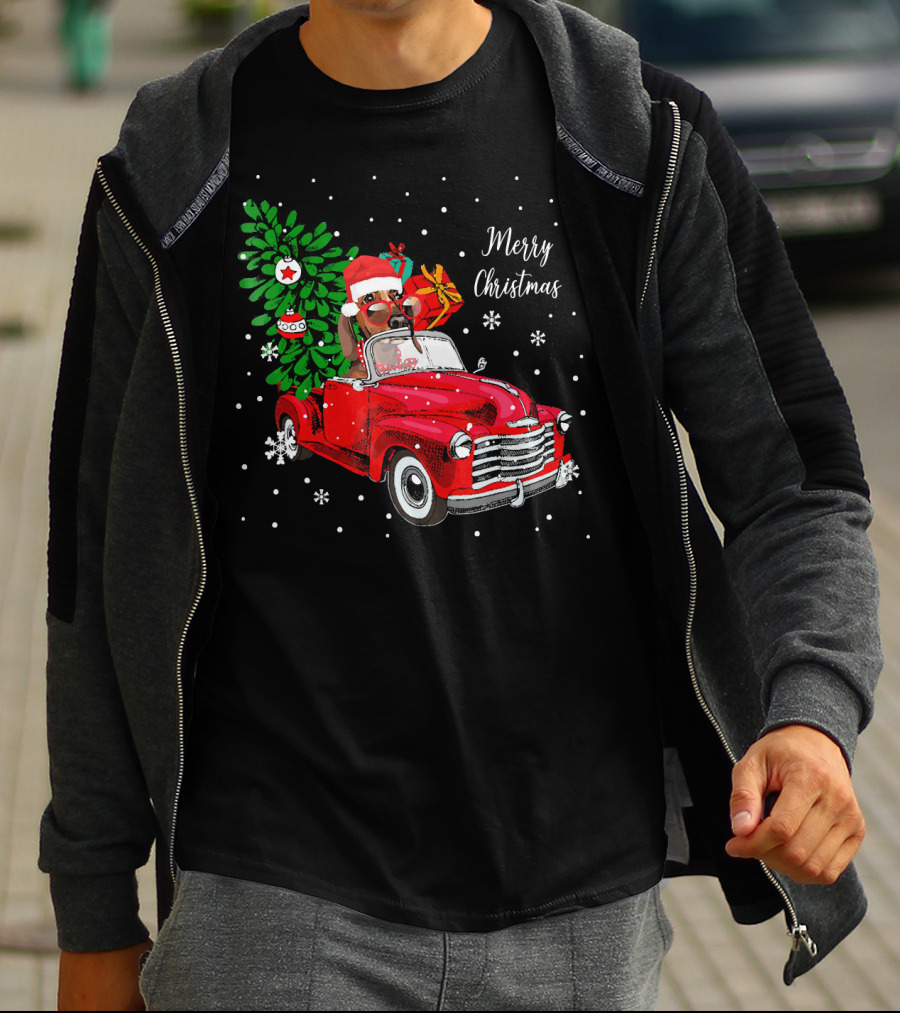 Merry Christmas Santa Dachshund In Red Truck With Gifts And Tree T-Shirt