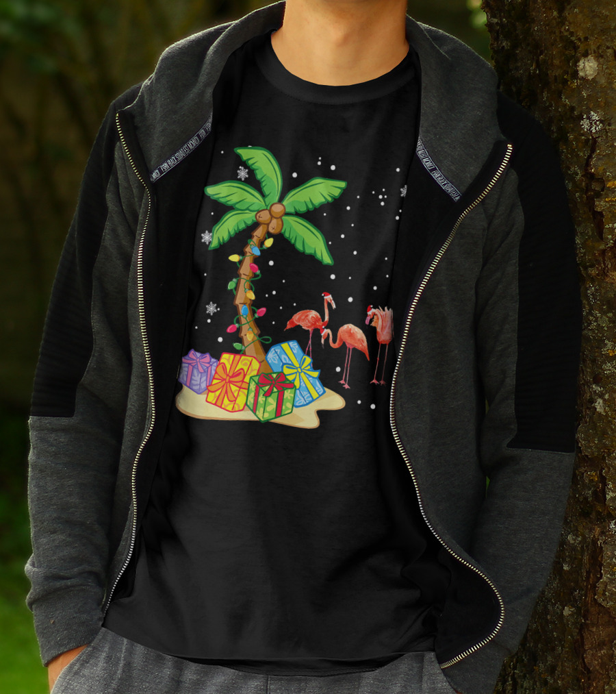 Flamingo Christmas Palm Tree Snow Presents T-Shirt