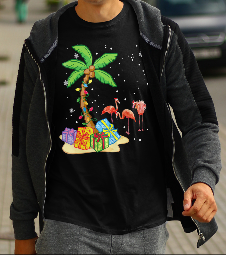 Flamingo Christmas Palm Tree Snow Presents T-Shirt