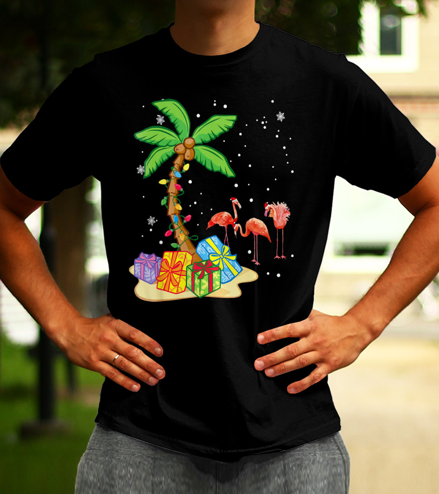 Flamingo Christmas Palm Tree Snow Presents T-Shirt