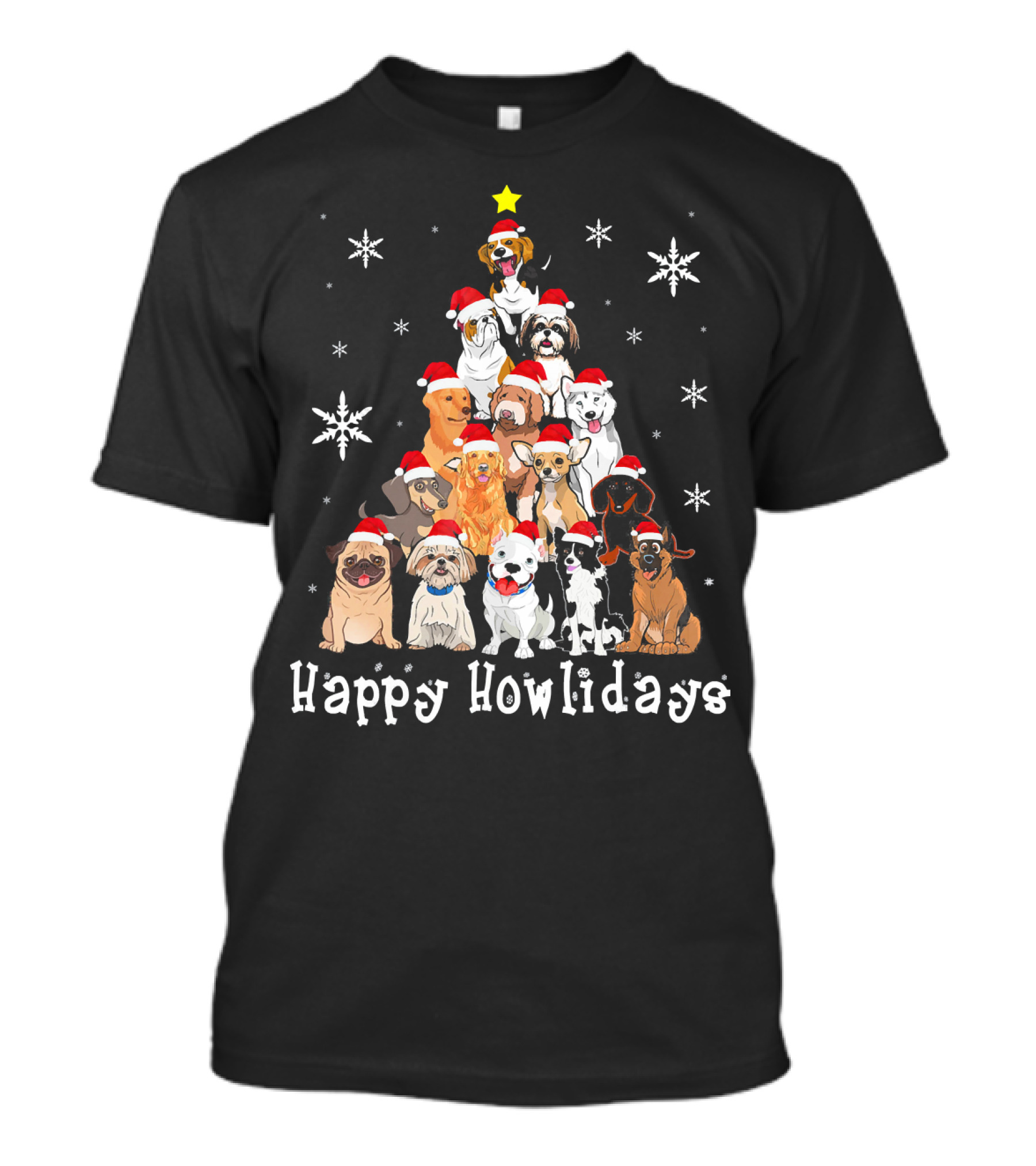 Happy Howlidays Dog Christmas Tree Santa Hat Puppies Snowflakes T-Shirt