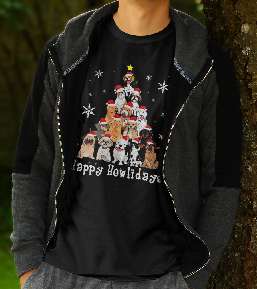 Happy Howlidays Dog Christmas Tree Santa Hat Puppies Snowflakes T-Shirt