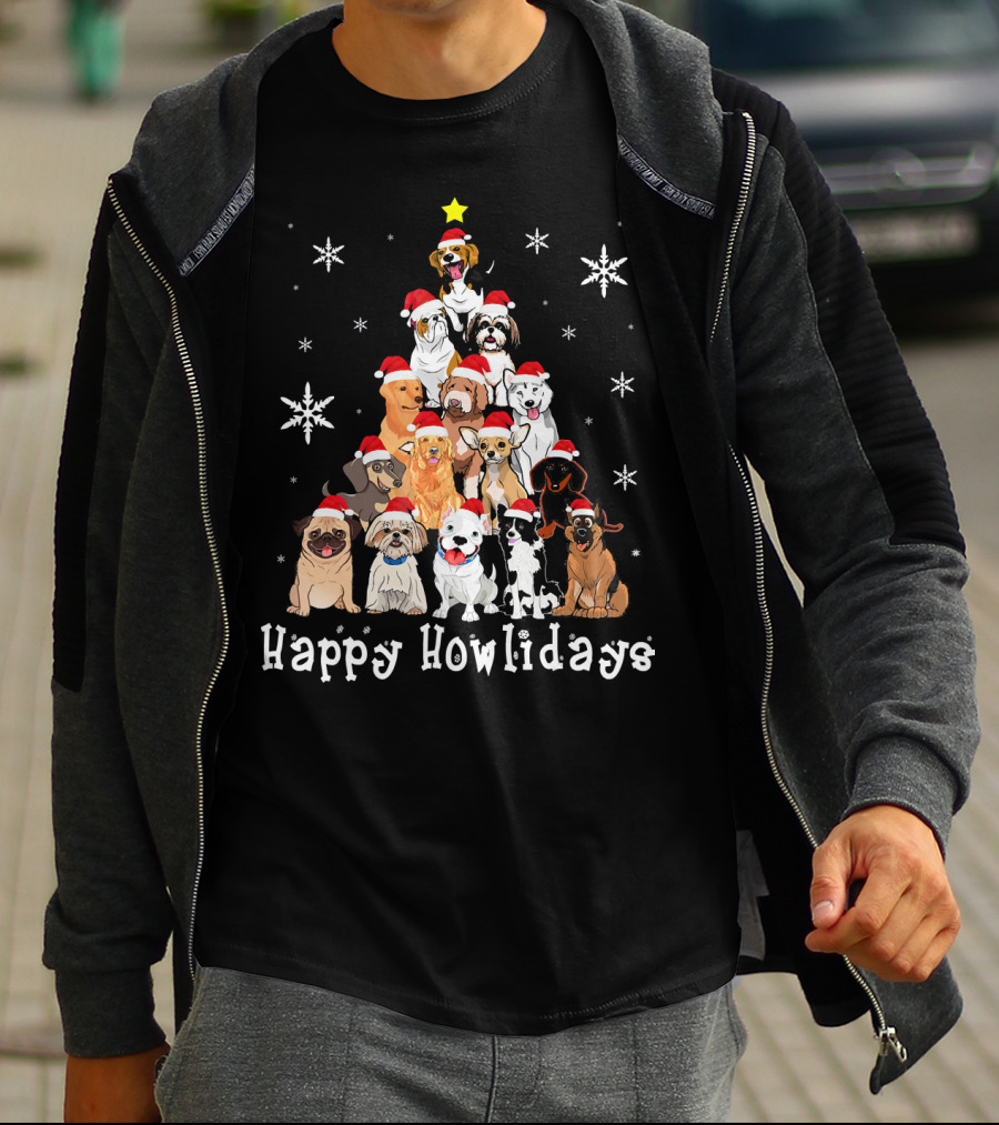 Happy Howlidays Dog Christmas Tree Santa Hat Puppies Snowflakes T-Shirt