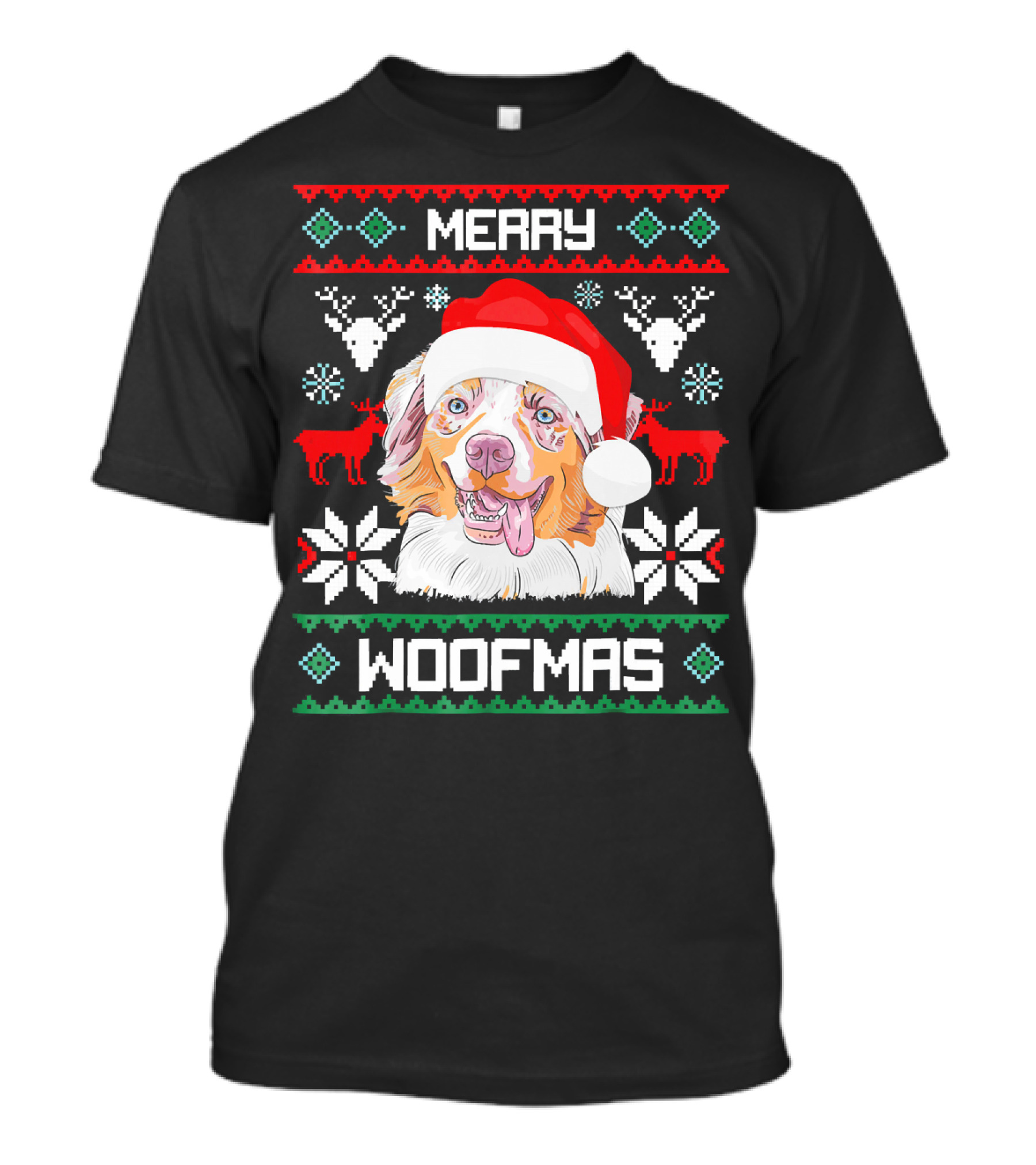 Merry Woofmas Australian Shepherd With Santa Hat And Christmas Motifs T-Shirt