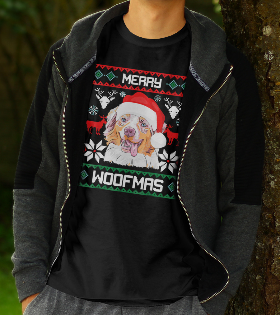 Merry Woofmas Australian Shepherd With Santa Hat And Christmas Motifs T-Shirt