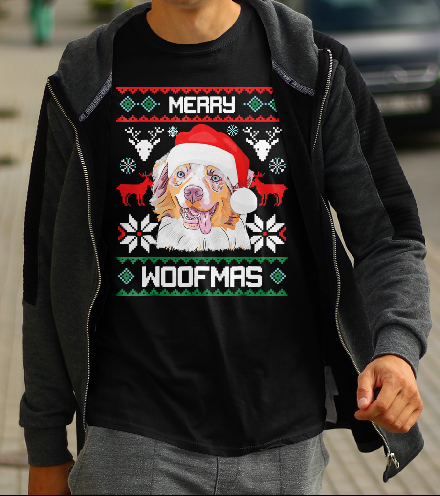 Merry Woofmas Australian Shepherd With Santa Hat And Christmas Motifs T-Shirt