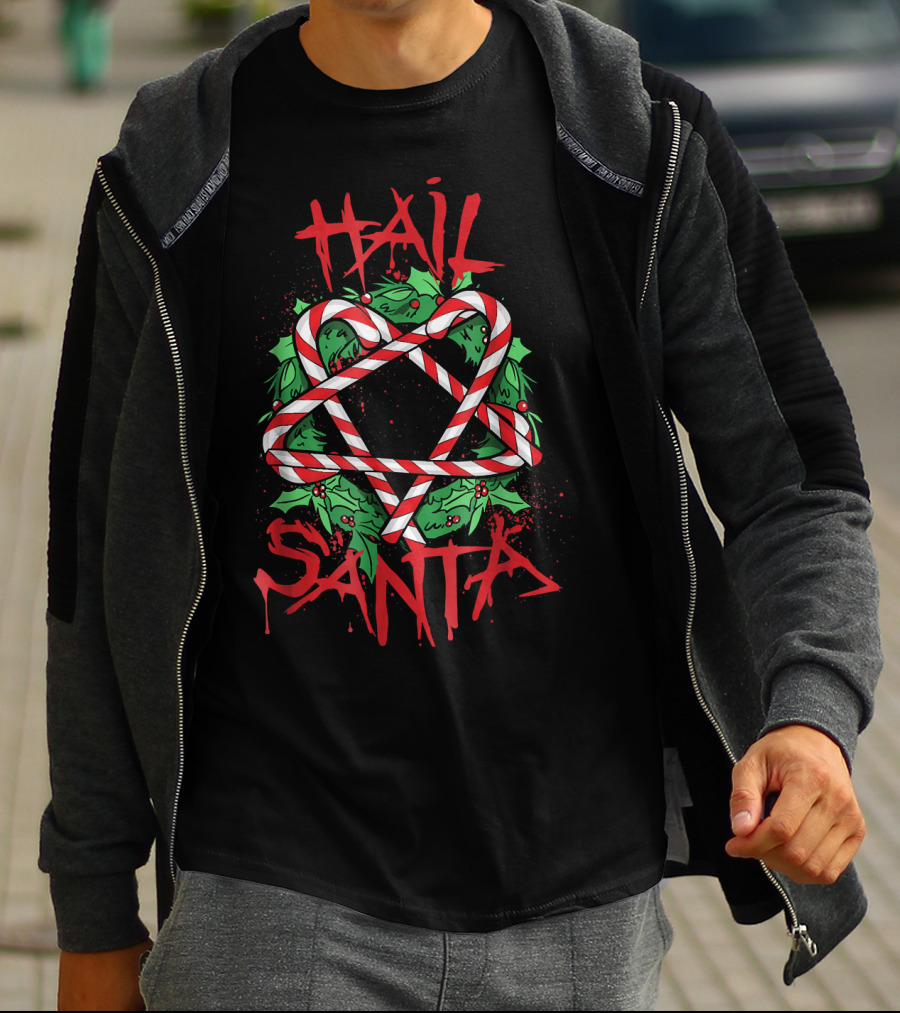 Hail Santa Anti Saint Nicholas Emo Santa College Candy Cane Pentagram T-Shirt