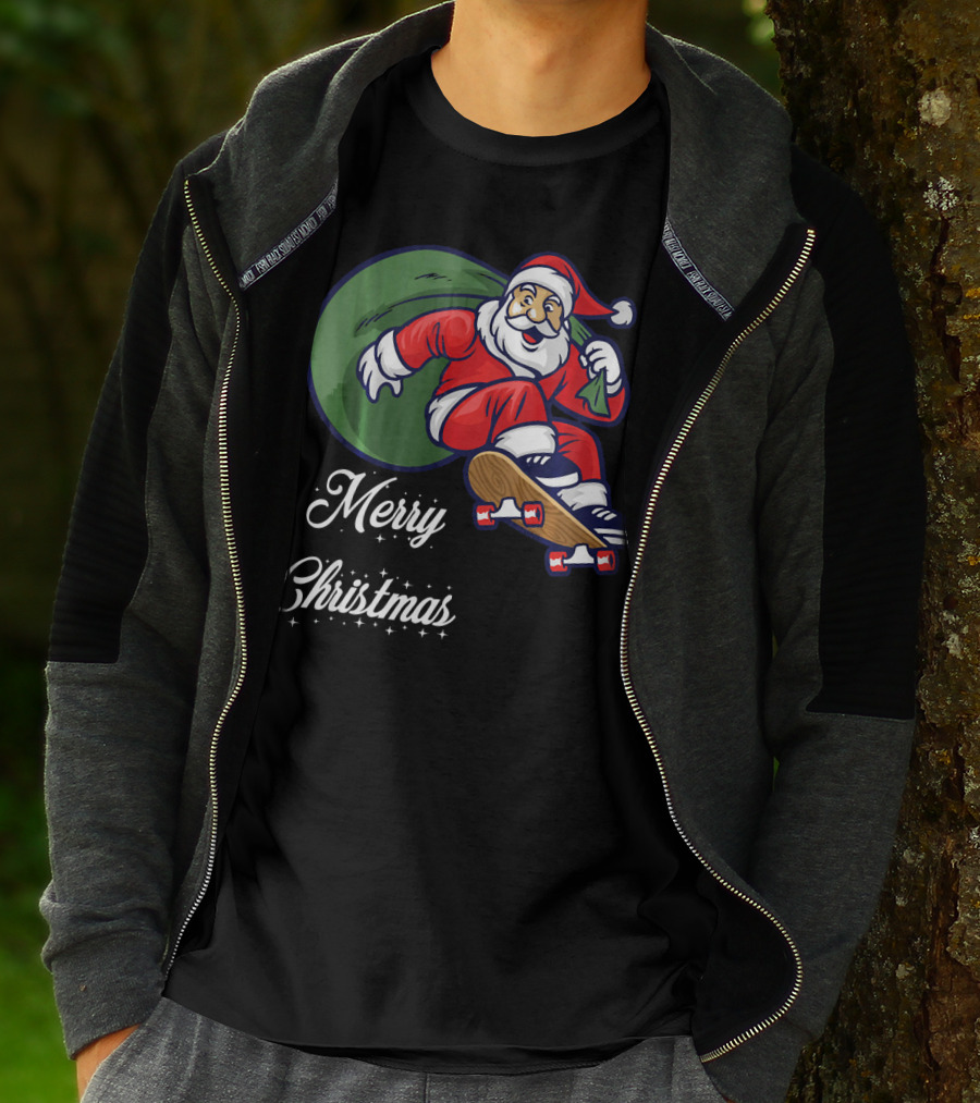 Merry Christmas Santa Claus Skating With Gift Sack T-Shirt