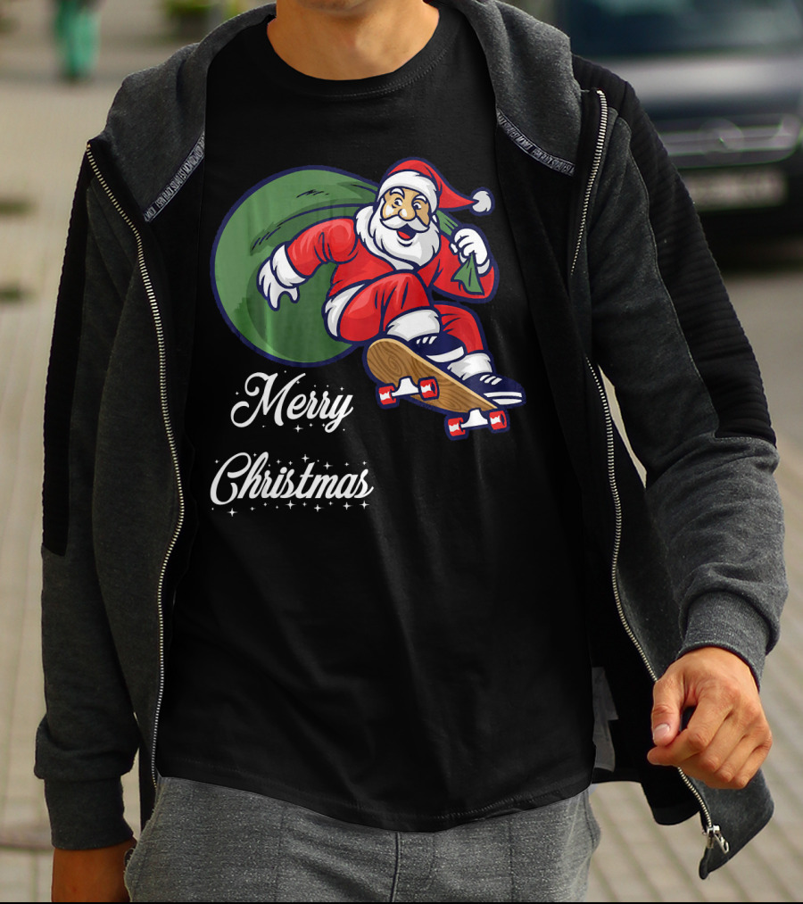 Merry Christmas Santa Claus Skating With Gift Sack T-Shirt