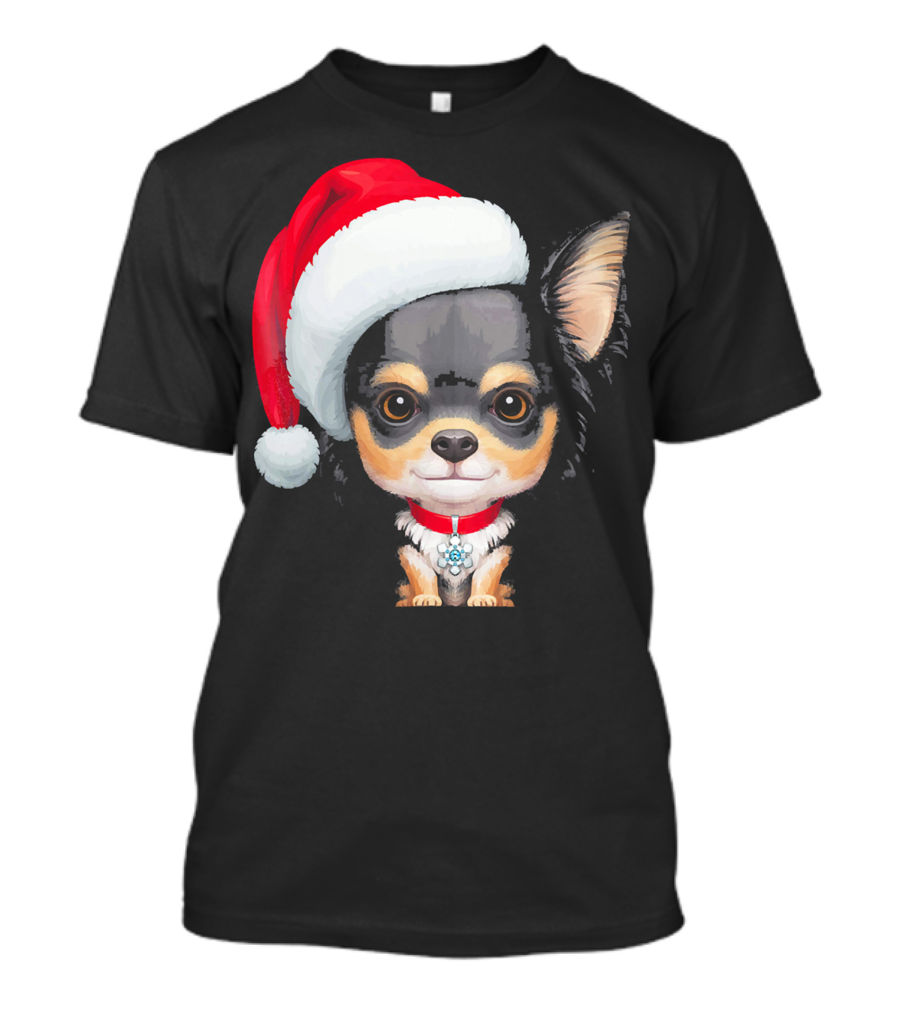 Festive Black And Tan Long Haired Chihuahua Santa Hat T-Shirt