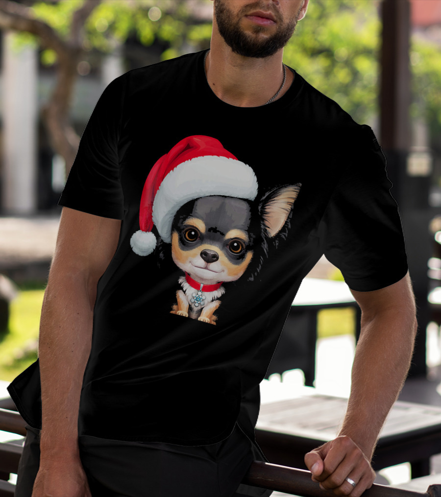 Festive Black And Tan Long Haired Chihuahua Santa Hat T-Shirt