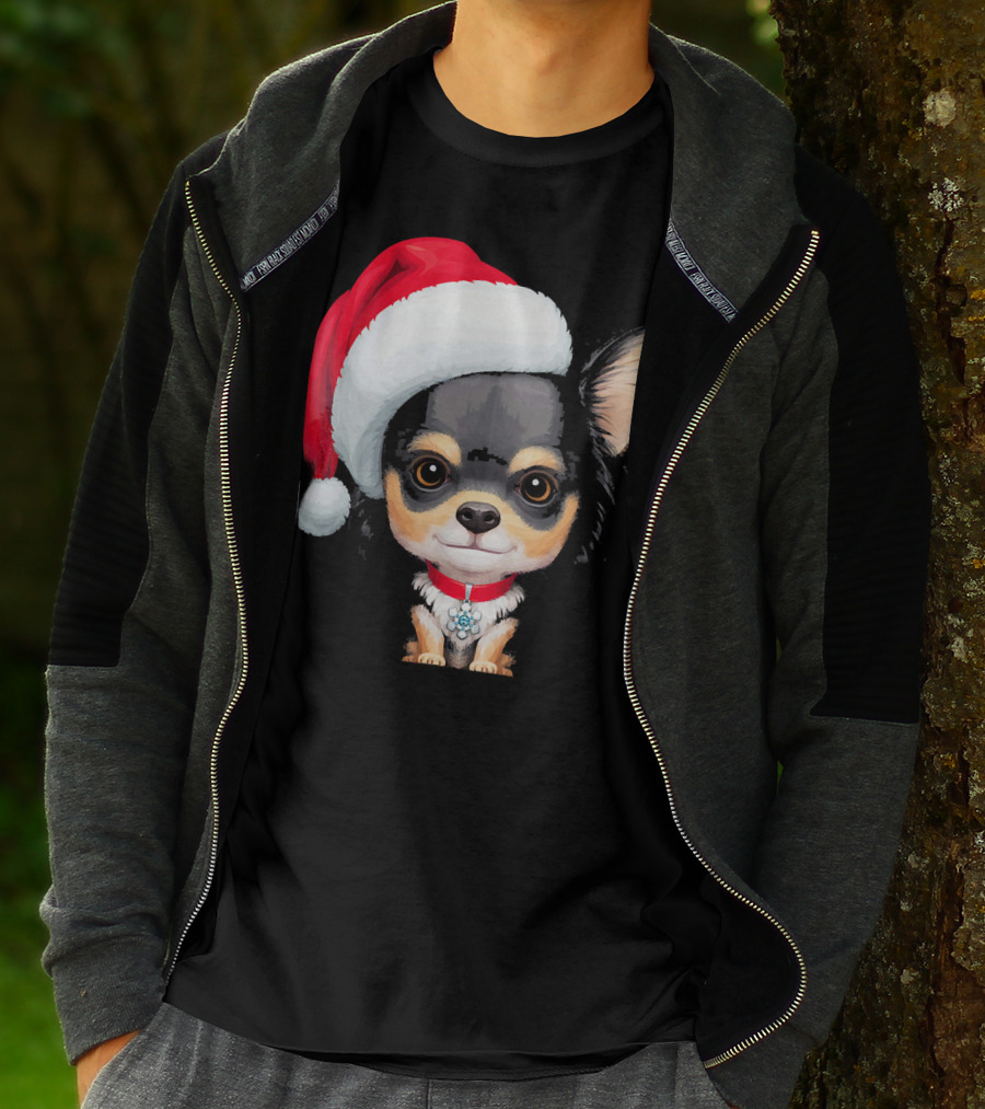 Festive Black And Tan Long Haired Chihuahua Santa Hat T-Shirt