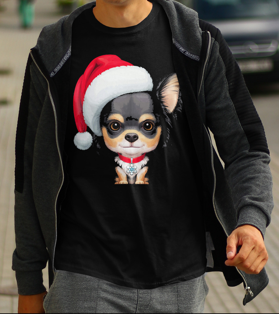 Festive Black And Tan Long Haired Chihuahua Santa Hat T-Shirt
