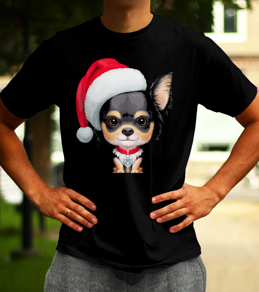 Festive Black And Tan Long Haired Chihuahua Santa Hat T-Shirt