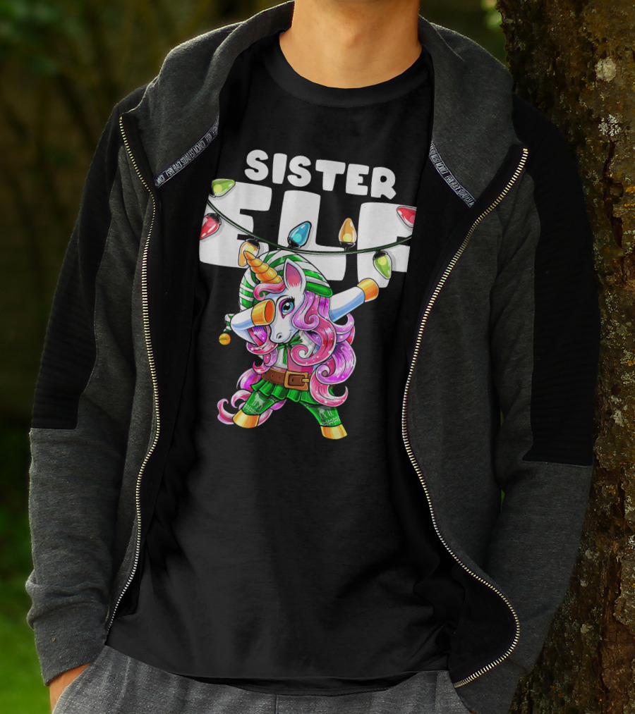 Sister Elf Christmas Dabbing Unicorn With Holiday Lights T-Shirt