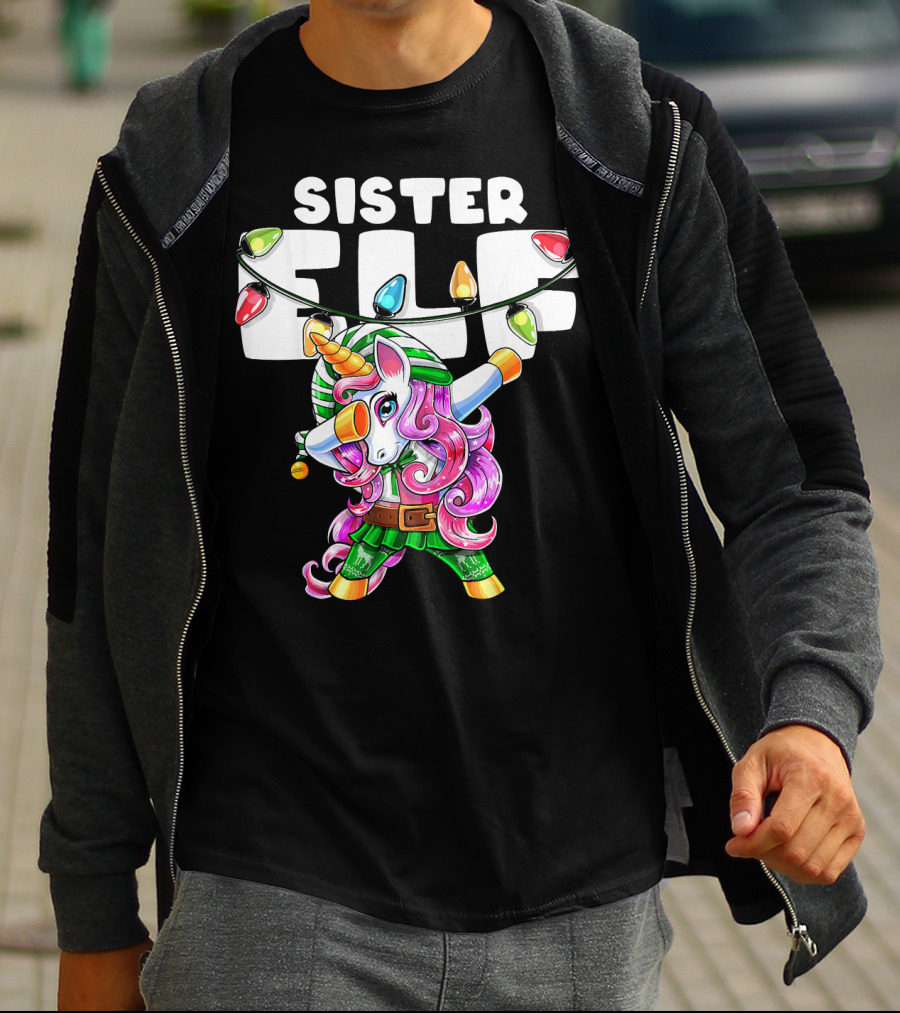 Sister Elf Christmas Dabbing Unicorn With Holiday Lights T-Shirt