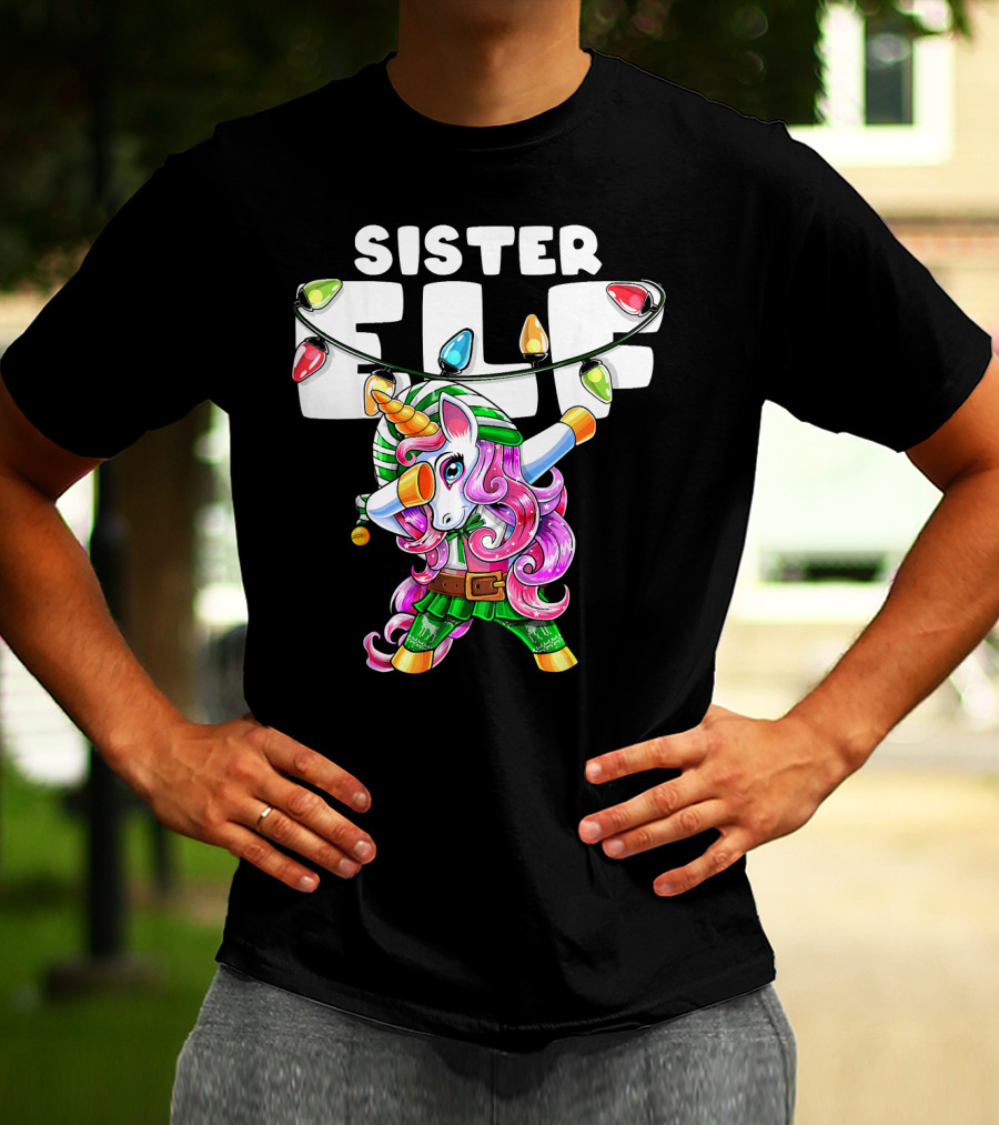 Sister Elf Christmas Dabbing Unicorn With Holiday Lights T-Shirt