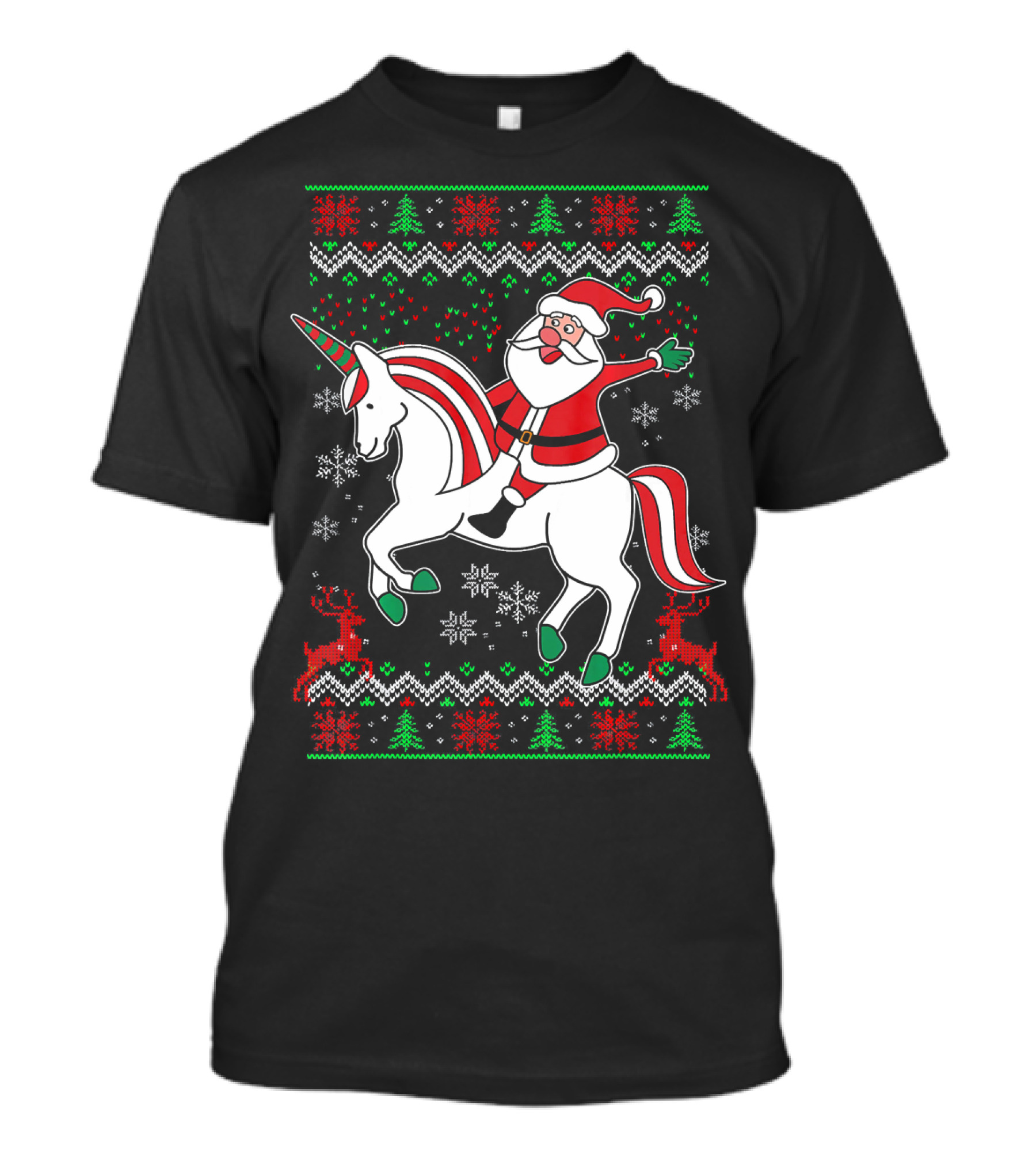 Santa Claus Riding Unicorn Christmas Sweater Pattern Holiday Magic T-Shirt