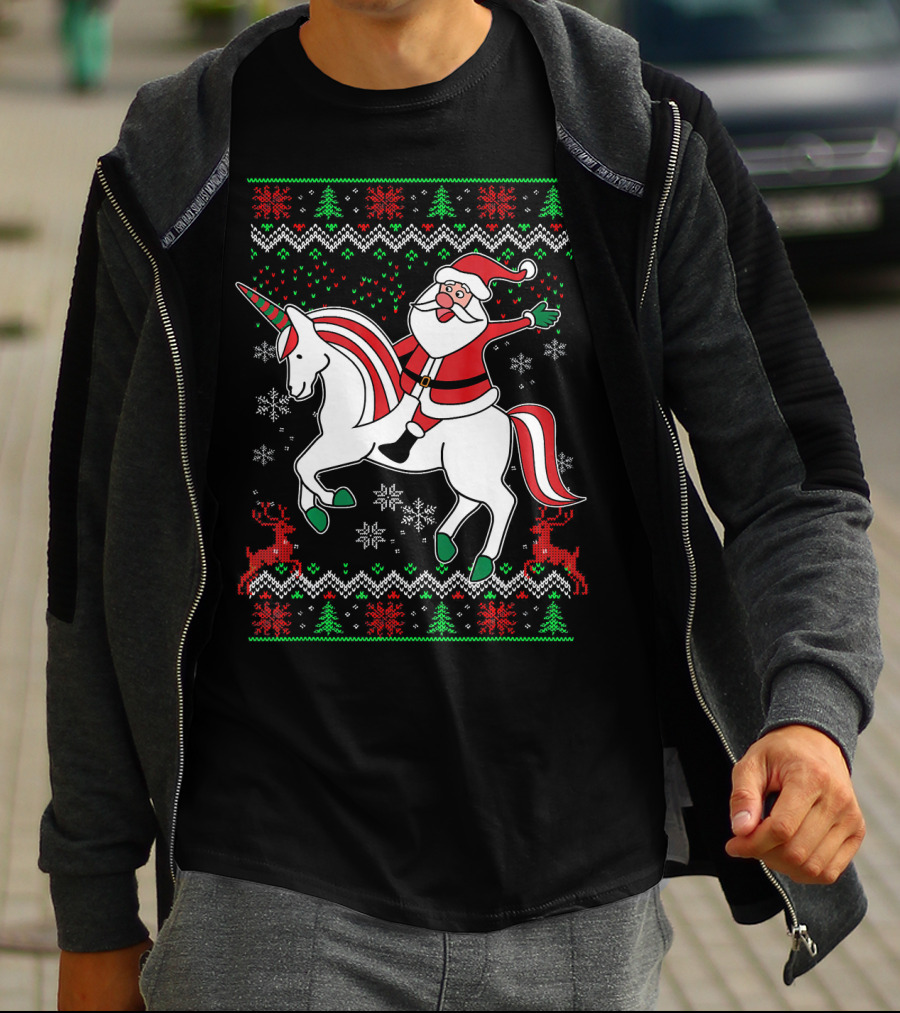 Santa Claus Riding Unicorn Christmas Sweater Pattern Holiday Magic T-Shirt