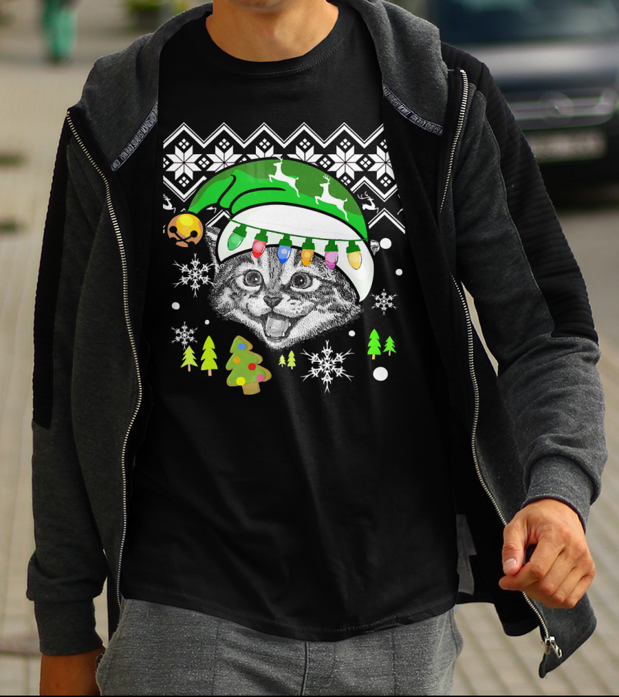 Christmas Cat Reindeer Hat Snowflakes Festive Lights T-Shirt