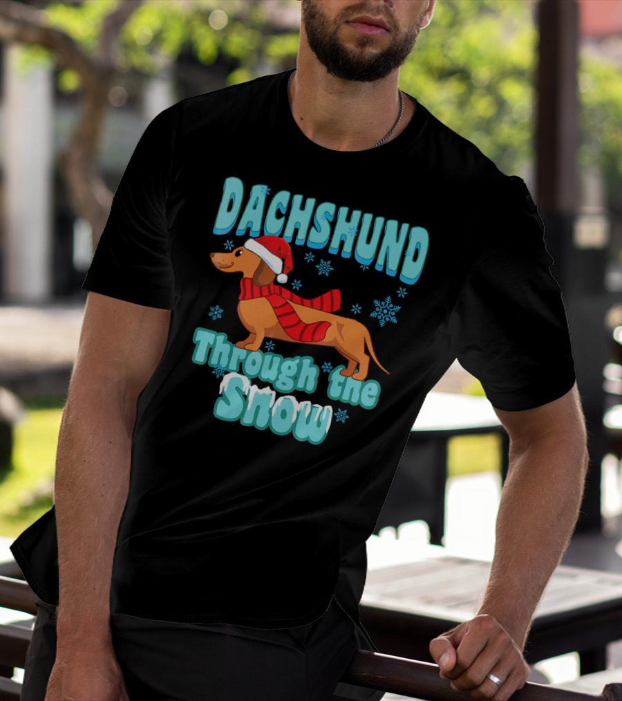 Dachshund Through The Snow Scarf And Santa Hat T-Shirt