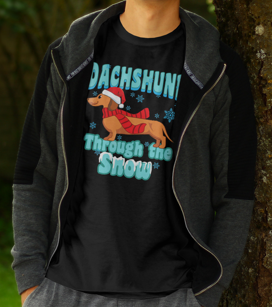 Dachshund Through The Snow Scarf And Santa Hat T-Shirt