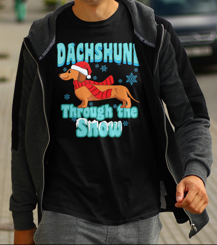 Dachshund Through The Snow Scarf And Santa Hat T-Shirt