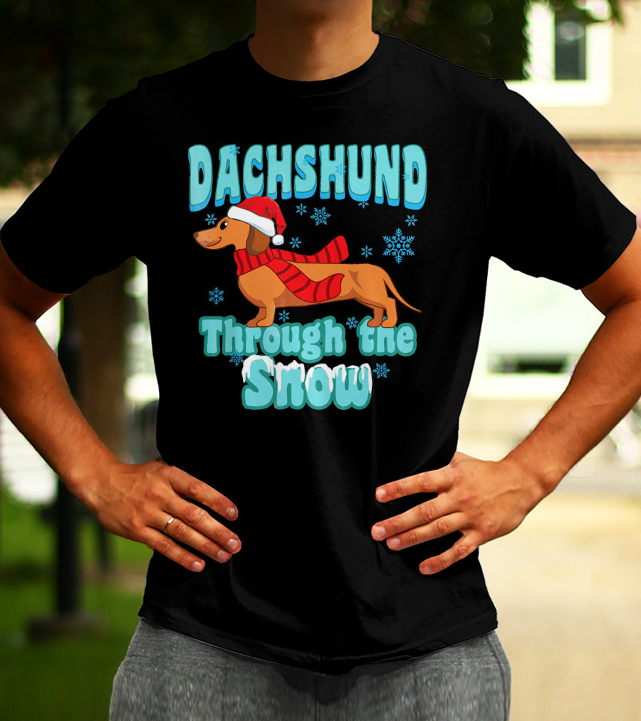 Dachshund Through The Snow Scarf And Santa Hat T-Shirt