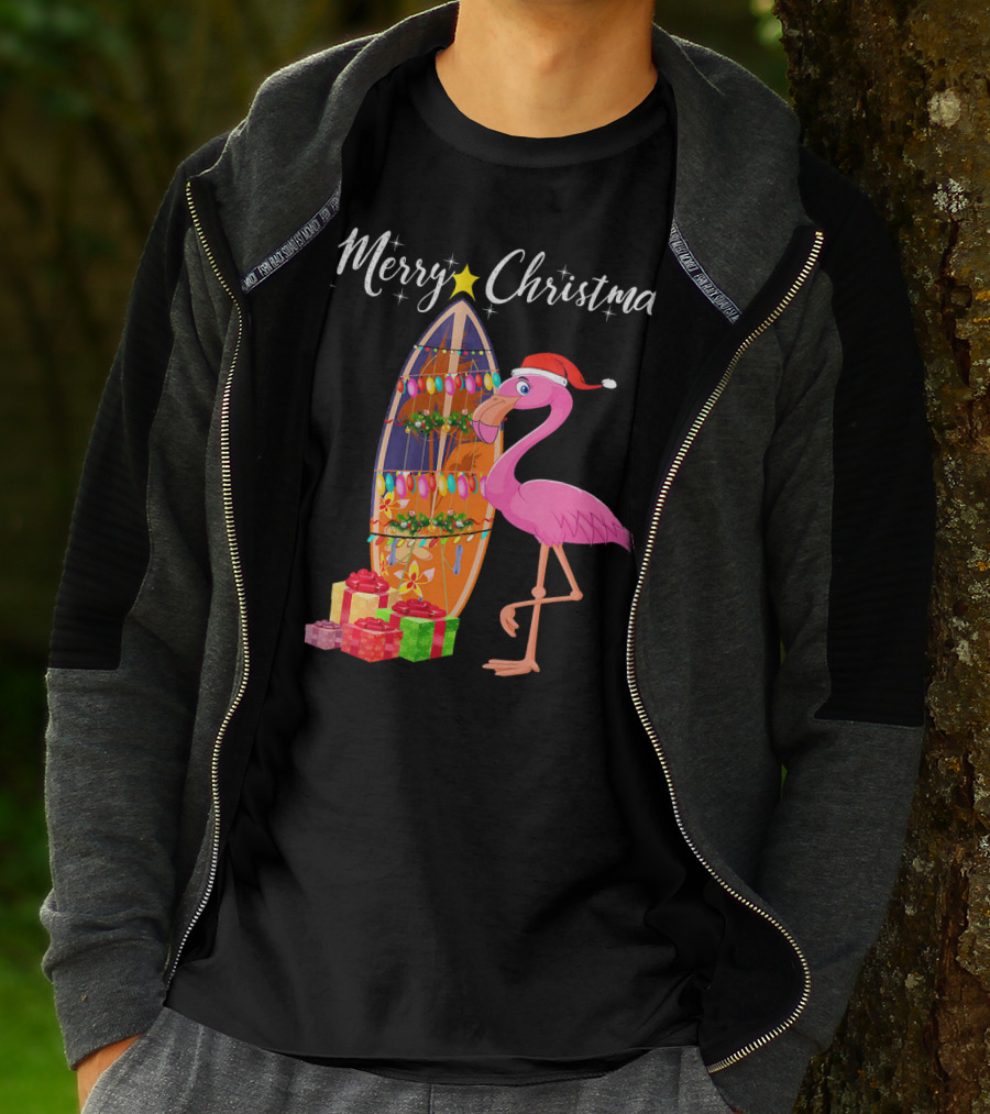 Merry Christmas Flamingo Surfboard Santa Hat Gifts T-Shirt