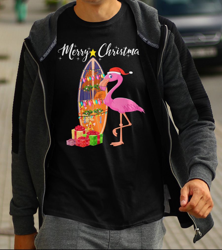 Merry Christmas Flamingo Surfboard Santa Hat Gifts T-Shirt