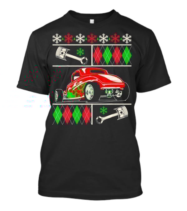 Hot Rod Christmas Ugly Sweater Red Green Car Snowflakes Argyle Pistons T-Shirt