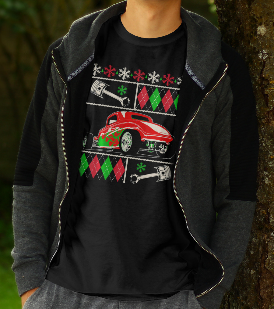 Hot Rod Christmas Ugly Sweater Red Green Car Snowflakes Argyle Pistons T-Shirt