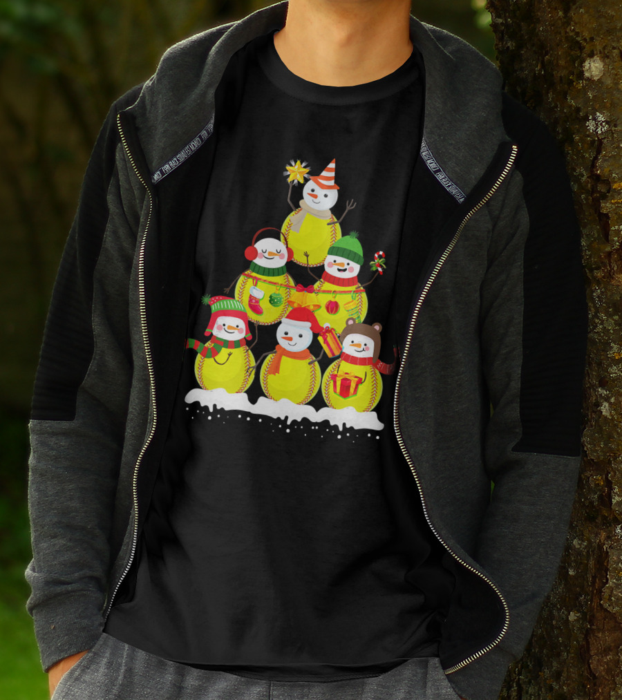 Softball Snowman Christmas Tree Holiday Scene T-Shirt