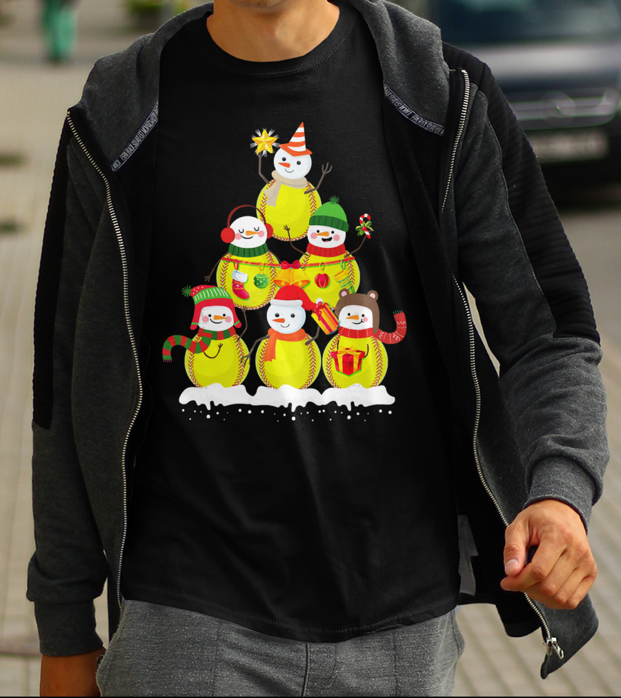 Softball Snowman Christmas Tree Holiday Scene T-Shirt