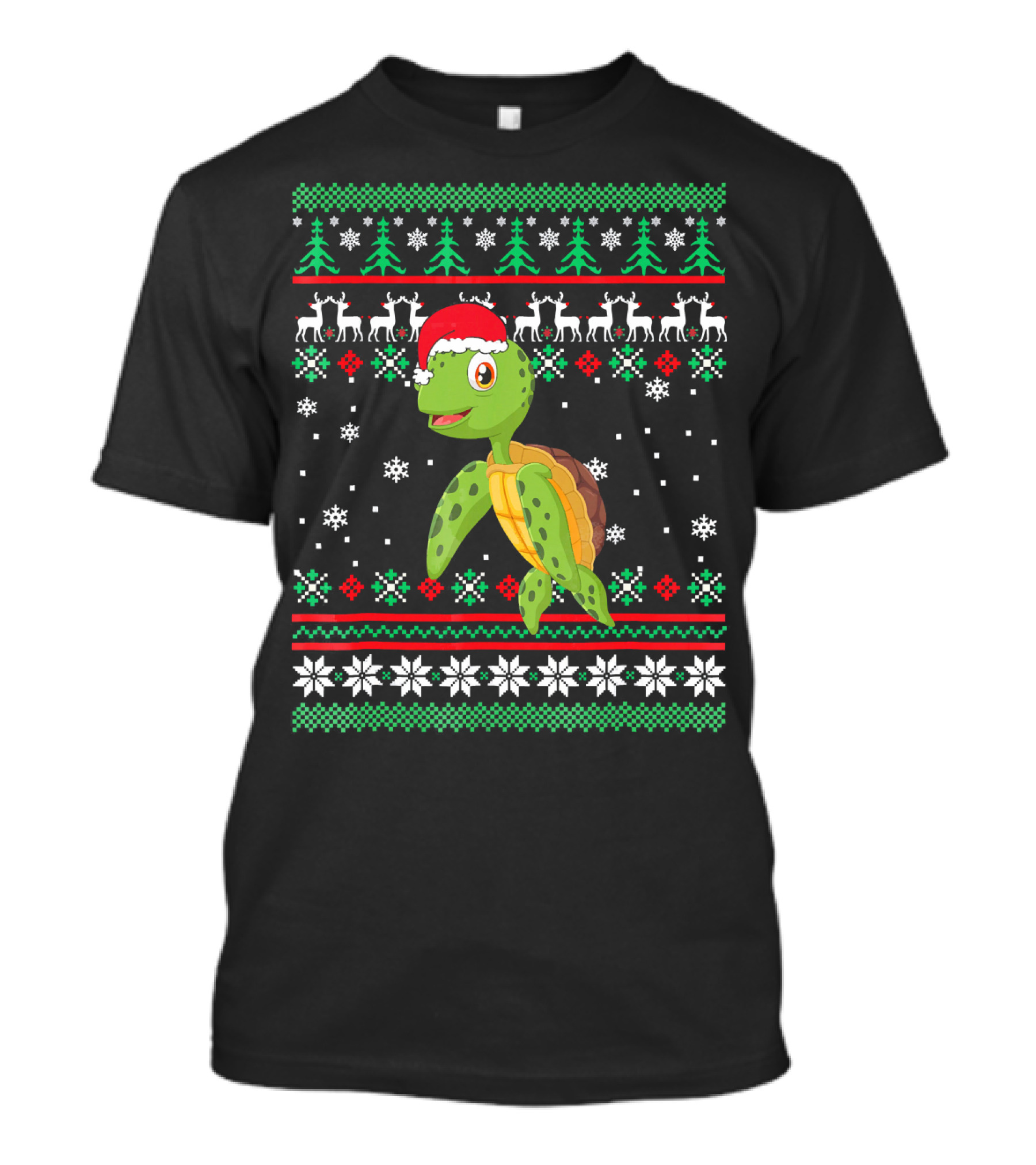 Sea Turtle With Santa Hat Christmas Sweater Pattern Snowflakes Reindeer Trees T-Shirt