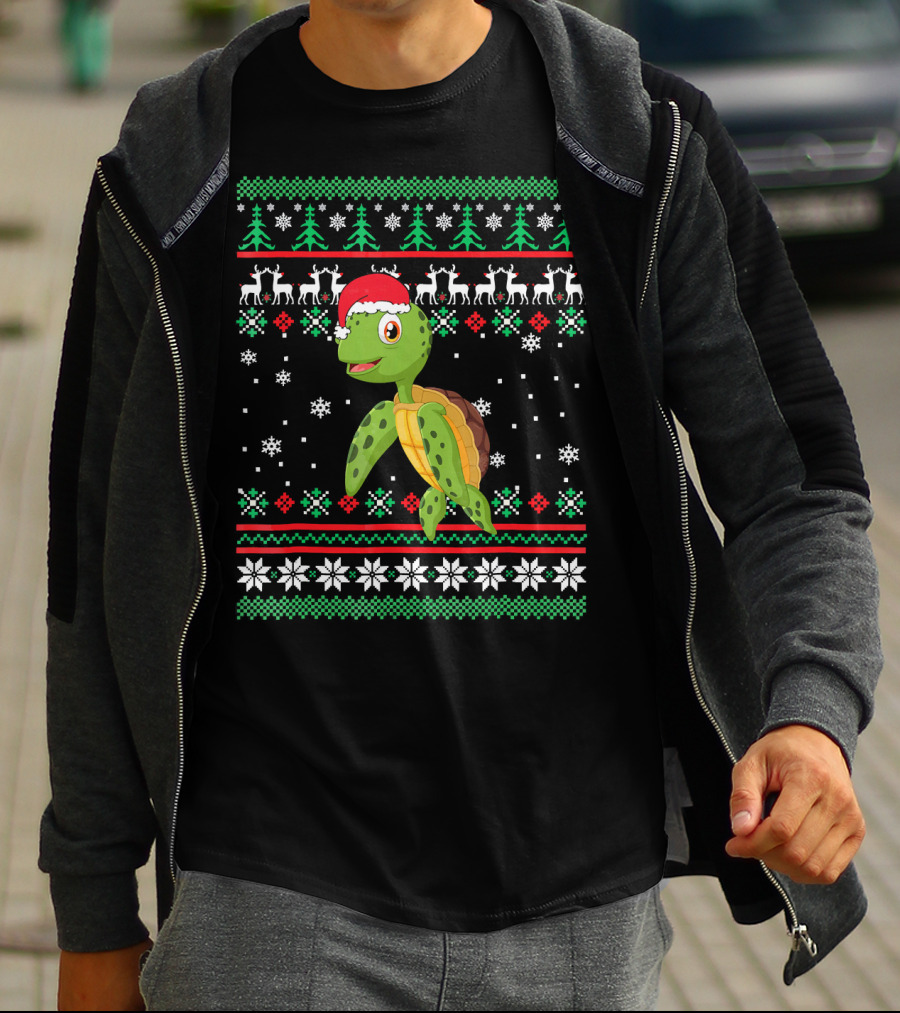 Sea Turtle With Santa Hat Christmas Sweater Pattern Snowflakes Reindeer Trees T-Shirt